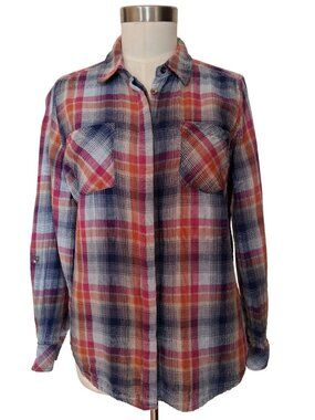 3/$25 FDJ Cotton Gauze Button Front Women's Casual Shirt Blue & Pink Plaid 10